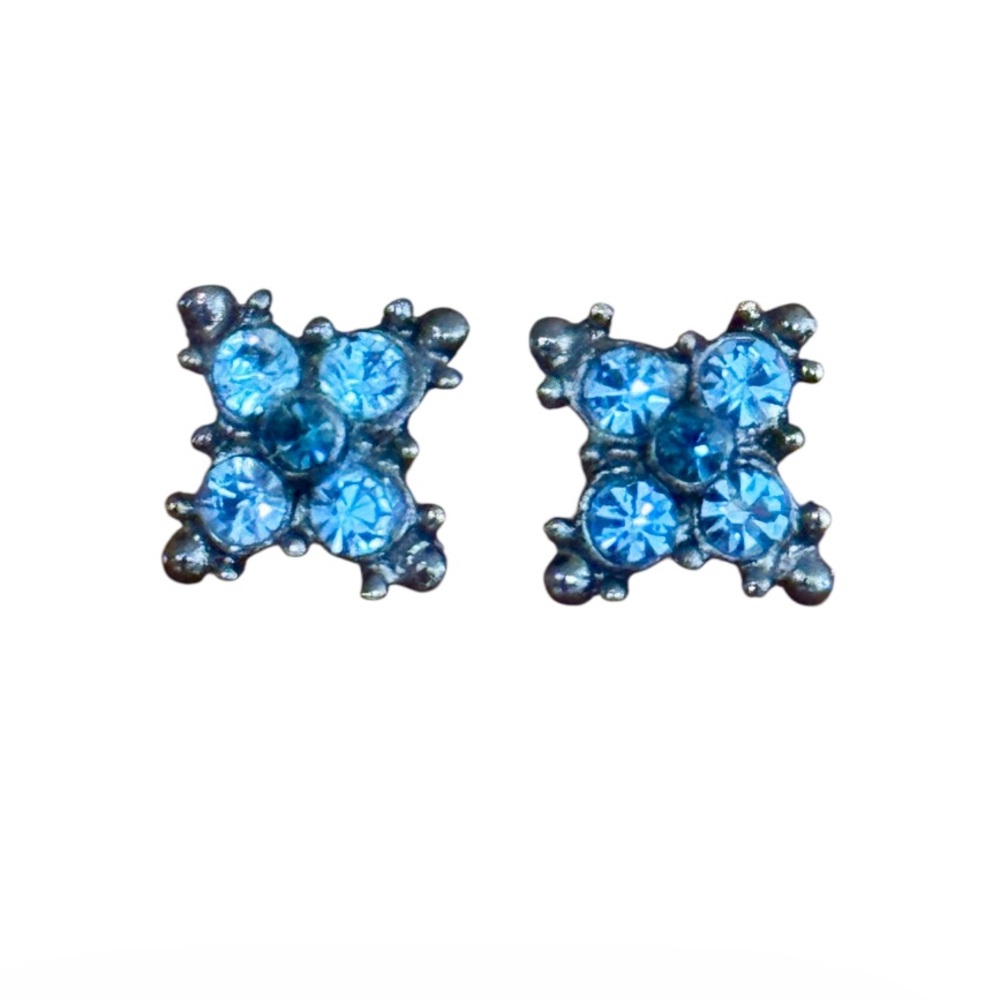 Vintage Blue Rhinestone Cluster Stud Earrings Square Floral Silver Tone